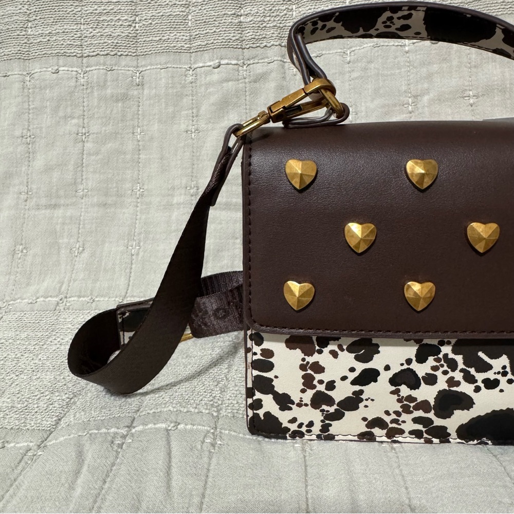 Betsey Johnson Western Brown & Black Cow Crossbody Bag with Heart Accents Charms - Picture 2 of 16